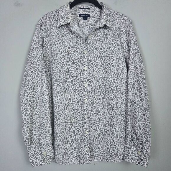 Lands' End Tops - Lands End Womens Leopard Print Button Up Top Size 16 Grey Long Sleeve Career